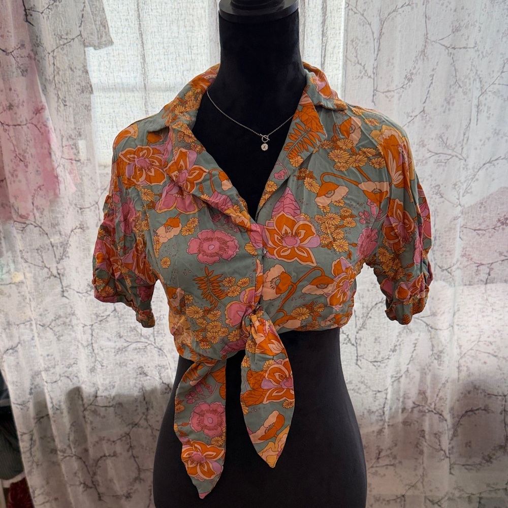 Love Notes Gray Floral Tie-Front Blouse with Pink & Orange Accents